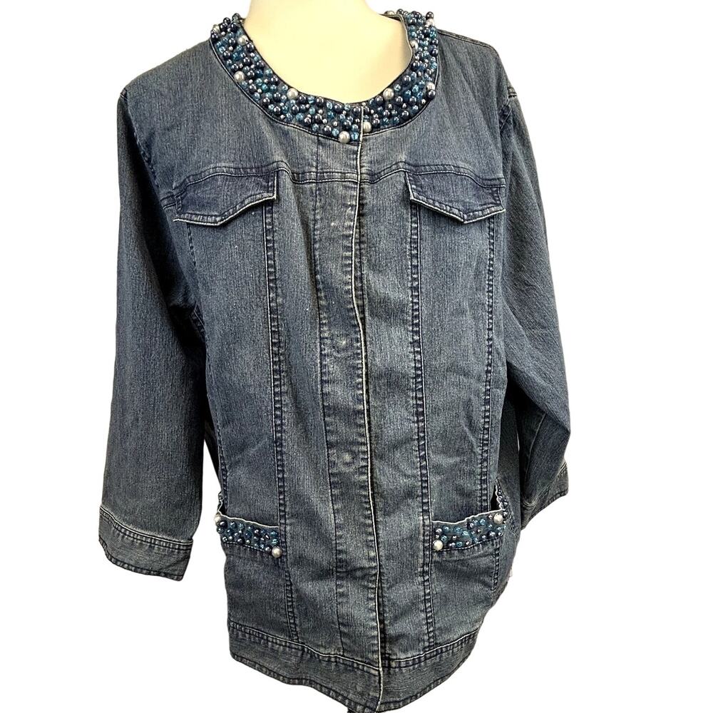 SKU 2226 JENNY Women 2XL Beaded Blue Denim Jacket 3/4 Sleeve Western Snap Front